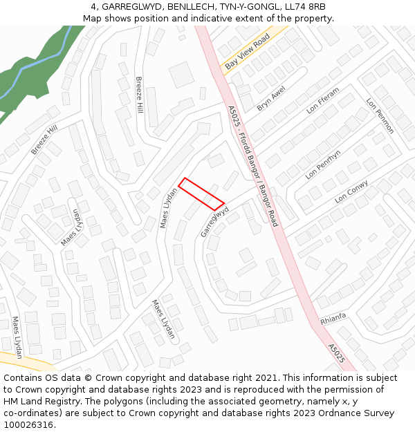 4, GARREGLWYD, BENLLECH, TYN-Y-GONGL, LL74 8RB: Location map and indicative extent of plot