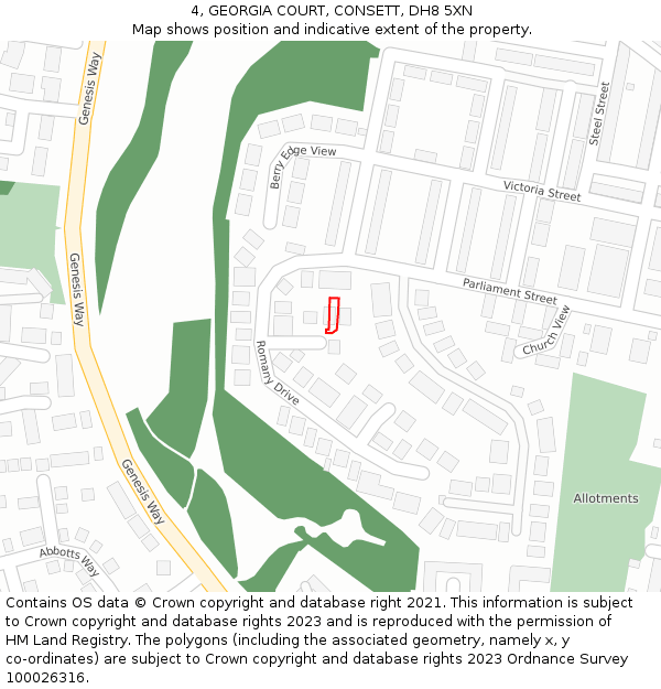 4, GEORGIA COURT, CONSETT, DH8 5XN: Location map and indicative extent of plot