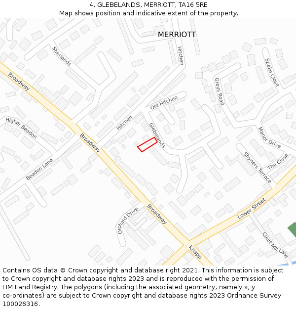 4, GLEBELANDS, MERRIOTT, TA16 5RE: Location map and indicative extent of plot