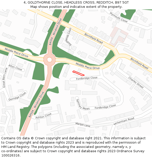 4, GOLDTHORNE CLOSE, HEADLESS CROSS, REDDITCH, B97 5GT: Location map and indicative extent of plot