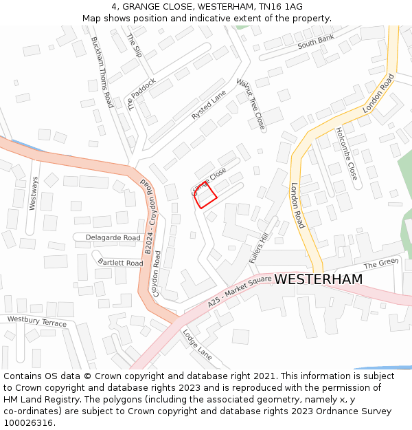 4, GRANGE CLOSE, WESTERHAM, TN16 1AG: Location map and indicative extent of plot