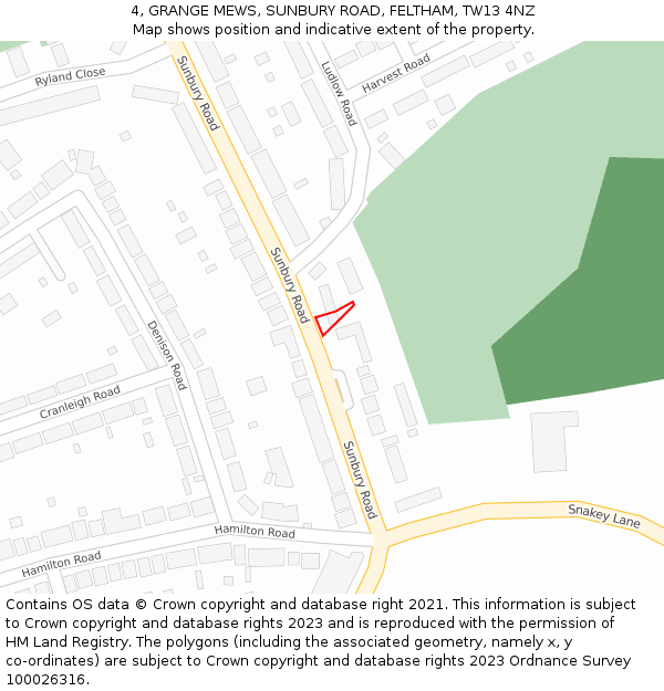 4, GRANGE MEWS, SUNBURY ROAD, FELTHAM, TW13 4NZ: Location map and indicative extent of plot