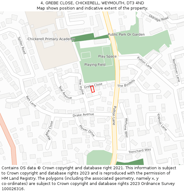 4, GREBE CLOSE, CHICKERELL, WEYMOUTH, DT3 4ND: Location map and indicative extent of plot