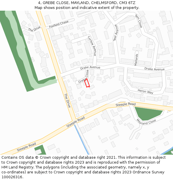 4, GREBE CLOSE, MAYLAND, CHELMSFORD, CM3 6TZ: Location map and indicative extent of plot