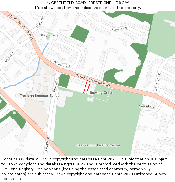 4, GREENFIELD ROAD, PRESTEIGNE, LD8 2AY: Location map and indicative extent of plot