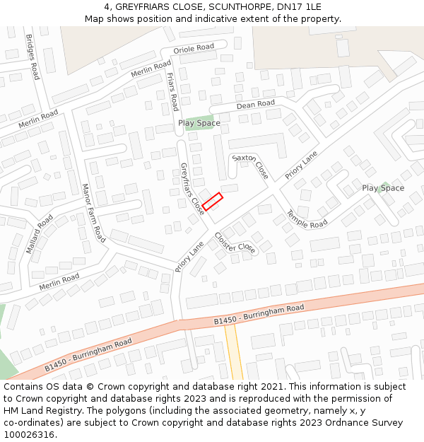 4, GREYFRIARS CLOSE, SCUNTHORPE, DN17 1LE: Location map and indicative extent of plot