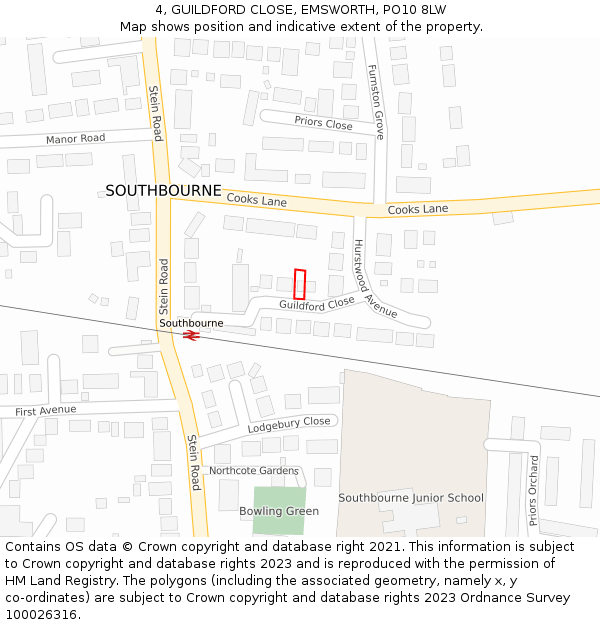 4, GUILDFORD CLOSE, EMSWORTH, PO10 8LW: Location map and indicative extent of plot