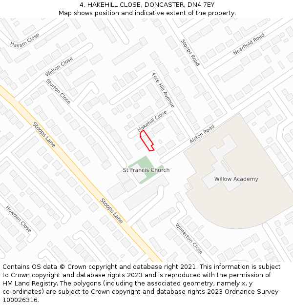 4, HAKEHILL CLOSE, DONCASTER, DN4 7EY: Location map and indicative extent of plot