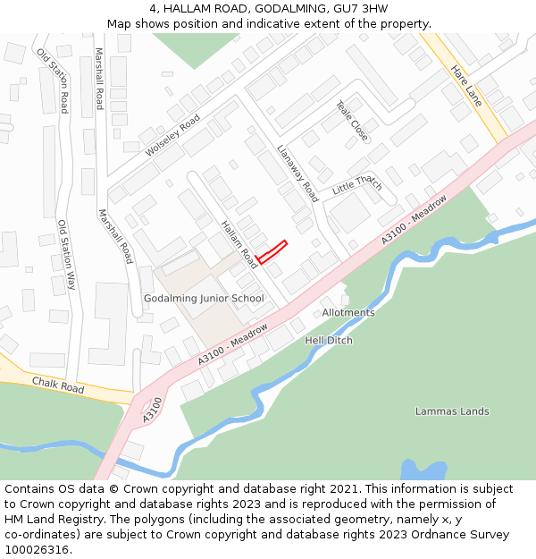 4, HALLAM ROAD, GODALMING, GU7 3HW: Location map and indicative extent of plot