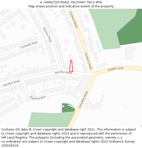 4, HAMILTON ROAD, FELTHAM, TW13 4PW: Location map and indicative extent of plot