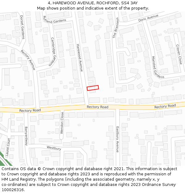 4, HAREWOOD AVENUE, ROCHFORD, SS4 3AY: Location map and indicative extent of plot