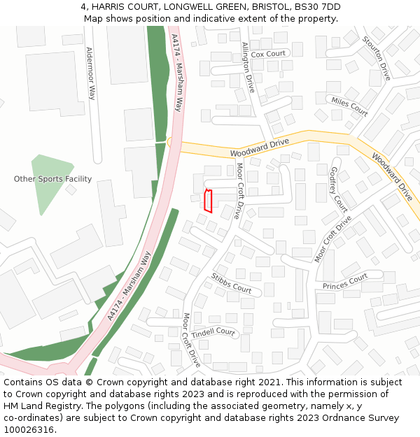 4, HARRIS COURT, LONGWELL GREEN, BRISTOL, BS30 7DD: Location map and indicative extent of plot