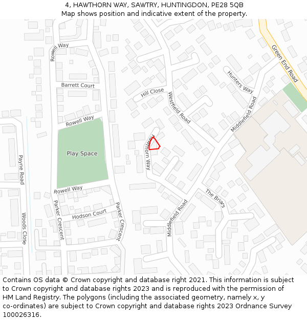 4, HAWTHORN WAY, SAWTRY, HUNTINGDON, PE28 5QB: Location map and indicative extent of plot