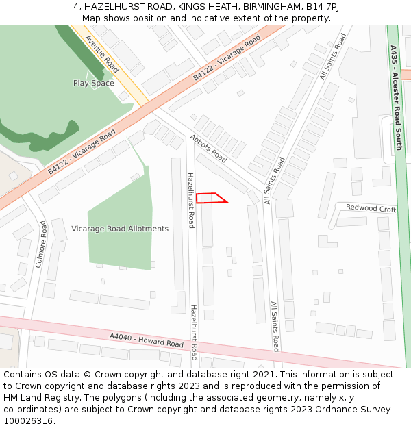 4, HAZELHURST ROAD, KINGS HEATH, BIRMINGHAM, B14 7PJ: Location map and indicative extent of plot