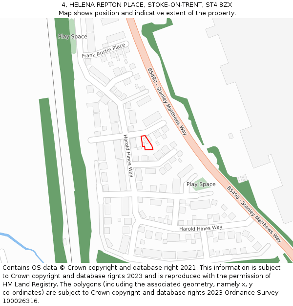 4, HELENA REPTON PLACE, STOKE-ON-TRENT, ST4 8ZX: Location map and indicative extent of plot