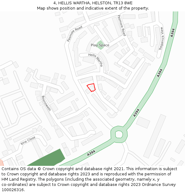 4, HELLIS WARTHA, HELSTON, TR13 8WE: Location map and indicative extent of plot