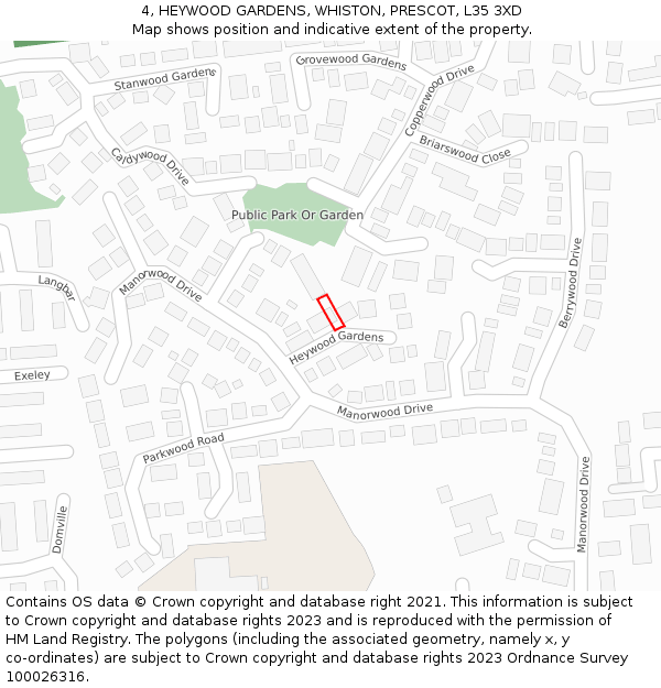 4, HEYWOOD GARDENS, WHISTON, PRESCOT, L35 3XD: Location map and indicative extent of plot