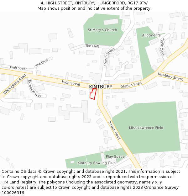 4, HIGH STREET, KINTBURY, HUNGERFORD, RG17 9TW: Location map and indicative extent of plot