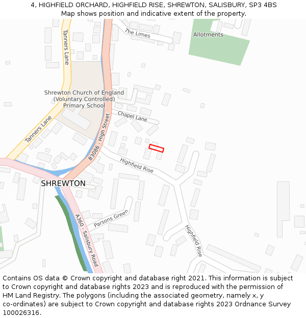 4, HIGHFIELD ORCHARD, HIGHFIELD RISE, SHREWTON, SALISBURY, SP3 4BS: Location map and indicative extent of plot