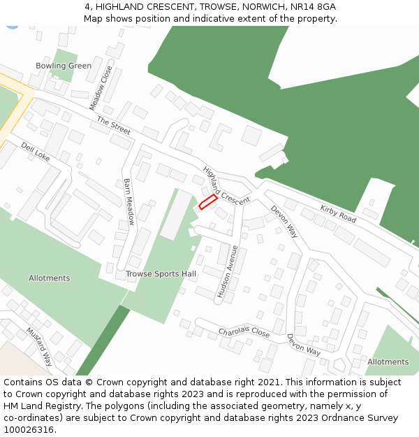 4, HIGHLAND CRESCENT, TROWSE, NORWICH, NR14 8GA: Location map and indicative extent of plot