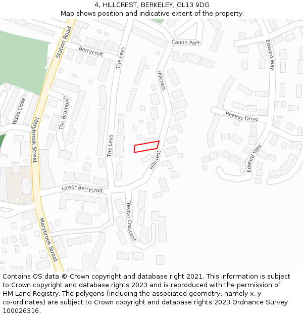 4, HILLCREST, BERKELEY, GL13 9DG: Location map and indicative extent of plot