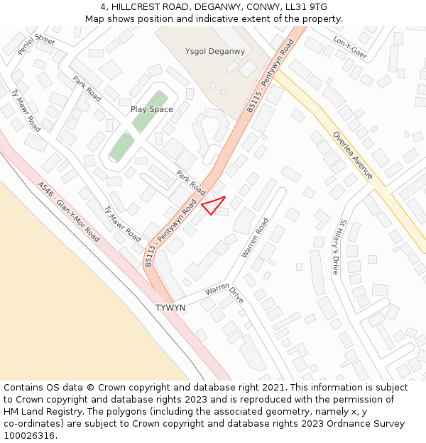 4, HILLCREST ROAD, DEGANWY, CONWY, LL31 9TG: Location map and indicative extent of plot