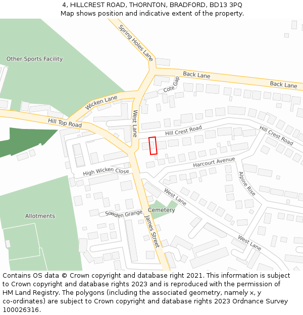 4, HILLCREST ROAD, THORNTON, BRADFORD, BD13 3PQ: Location map and indicative extent of plot