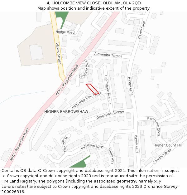 4, HOLCOMBE VIEW CLOSE, OLDHAM, OL4 2QD: Location map and indicative extent of plot