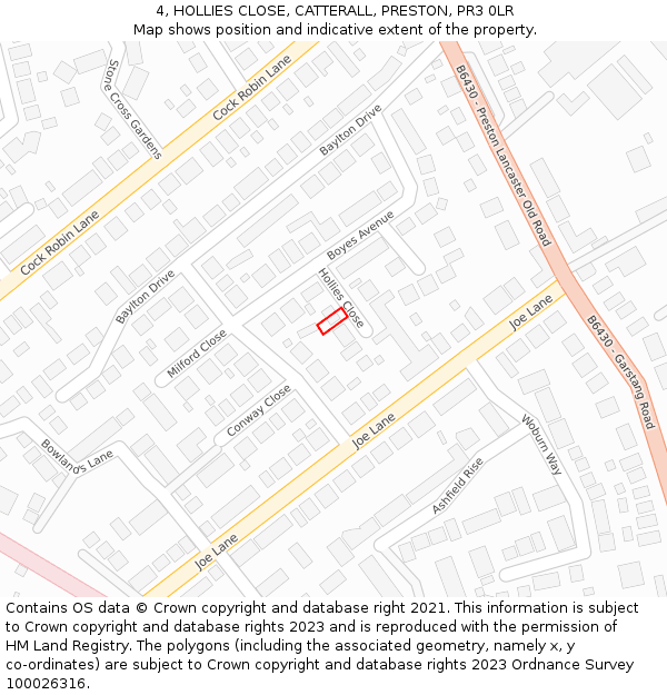 4, HOLLIES CLOSE, CATTERALL, PRESTON, PR3 0LR: Location map and indicative extent of plot