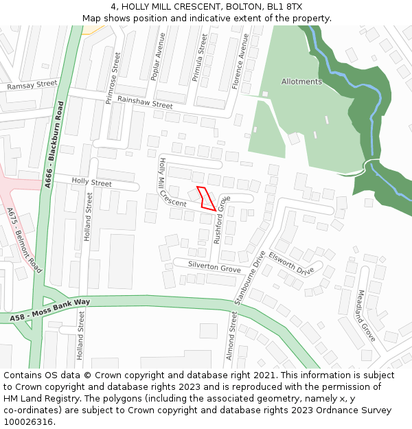 4, HOLLY MILL CRESCENT, BOLTON, BL1 8TX: Location map and indicative extent of plot