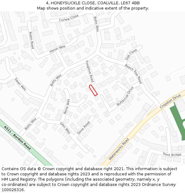 4, HONEYSUCKLE CLOSE, COALVILLE, LE67 4BB: Location map and indicative extent of plot