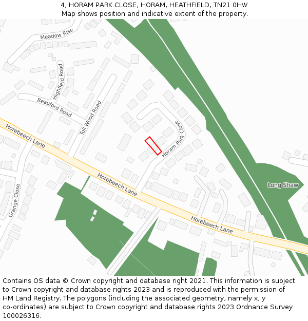 4, HORAM PARK CLOSE, HORAM, HEATHFIELD, TN21 0HW: Location map and indicative extent of plot