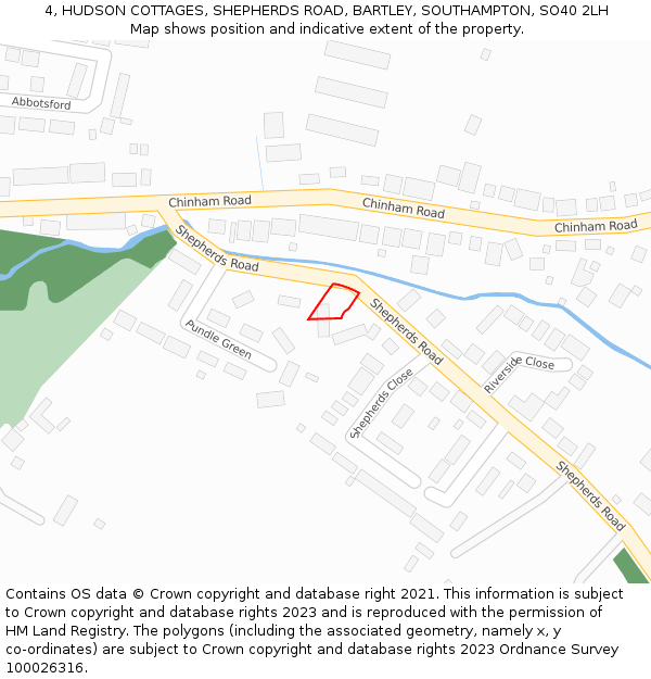 4, HUDSON COTTAGES, SHEPHERDS ROAD, BARTLEY, SOUTHAMPTON, SO40 2LH: Location map and indicative extent of plot