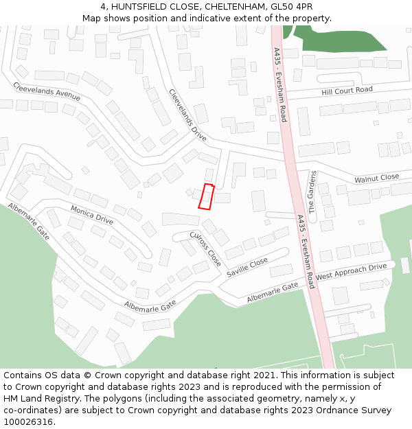 4, HUNTSFIELD CLOSE, CHELTENHAM, GL50 4PR: Location map and indicative extent of plot