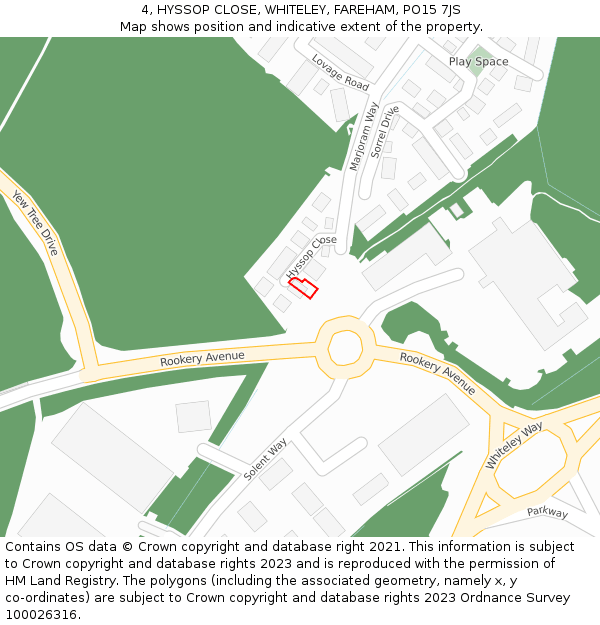 4, HYSSOP CLOSE, WHITELEY, FAREHAM, PO15 7JS: Location map and indicative extent of plot