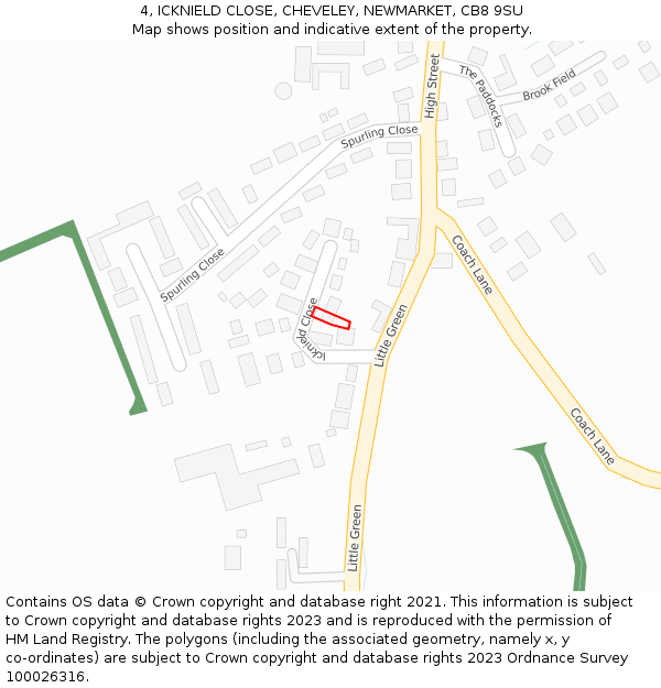 4, ICKNIELD CLOSE, CHEVELEY, NEWMARKET, CB8 9SU: Location map and indicative extent of plot