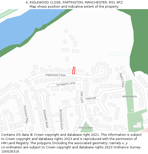 4, INGLEWOOD CLOSE, PARTINGTON, MANCHESTER, M31 4PZ: Location map and indicative extent of plot