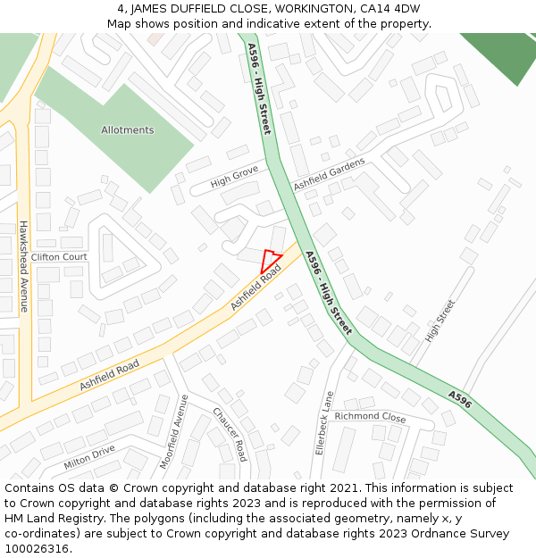 4, JAMES DUFFIELD CLOSE, WORKINGTON, CA14 4DW: Location map and indicative extent of plot