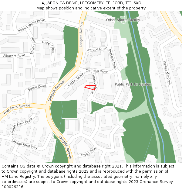 4, JAPONICA DRIVE, LEEGOMERY, TELFORD, TF1 6XD: Location map and indicative extent of plot