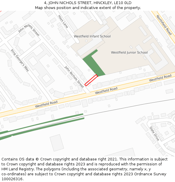 4, JOHN NICHOLS STREET, HINCKLEY, LE10 0LD: Location map and indicative extent of plot