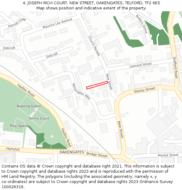 4, JOSEPH RICH COURT, NEW STREET, OAKENGATES, TELFORD, TF2 6ES: Location map and indicative extent of plot