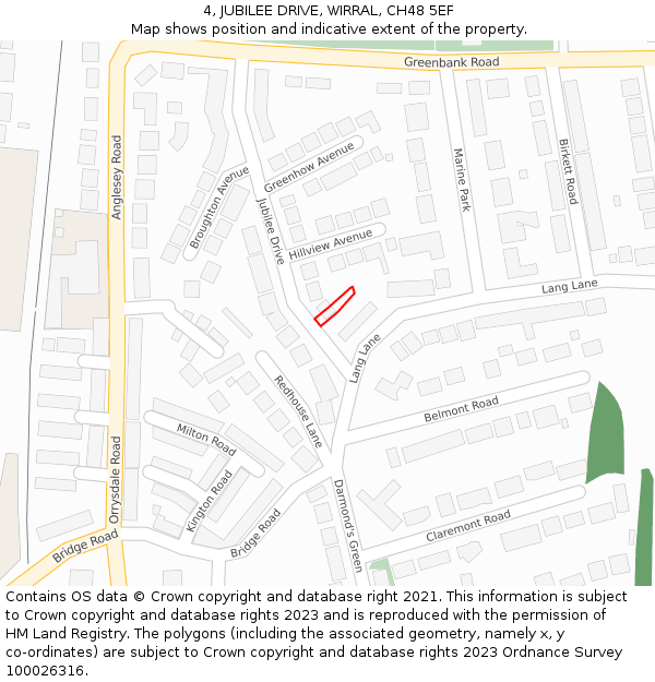 4, JUBILEE DRIVE, WIRRAL, CH48 5EF: Location map and indicative extent of plot