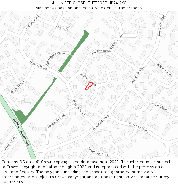 4, JUNIPER CLOSE, THETFORD, IP24 2YG: Location map and indicative extent of plot