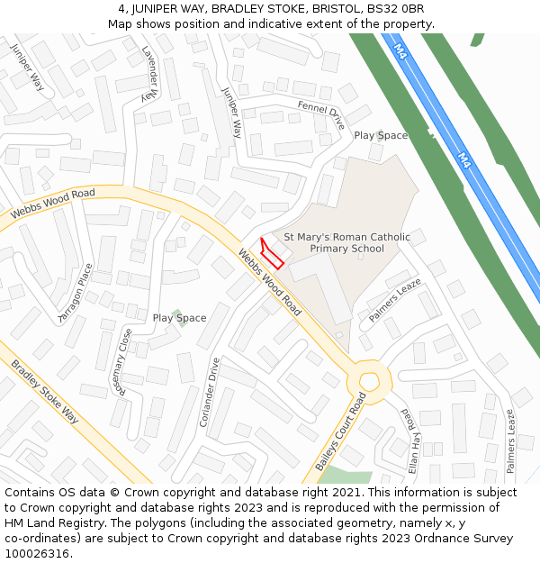 4, JUNIPER WAY, BRADLEY STOKE, BRISTOL, BS32 0BR: Location map and indicative extent of plot