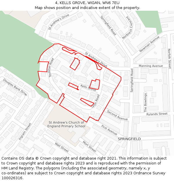4, KELLS GROVE, WIGAN, WN6 7EU: Location map and indicative extent of plot