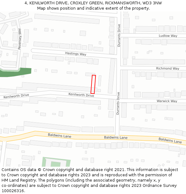 4, KENILWORTH DRIVE, CROXLEY GREEN, RICKMANSWORTH, WD3 3NW: Location map and indicative extent of plot