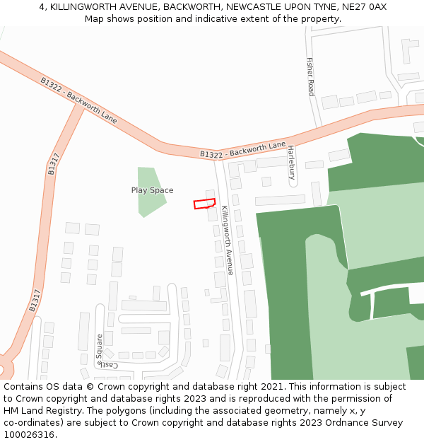 4, KILLINGWORTH AVENUE, BACKWORTH, NEWCASTLE UPON TYNE, NE27 0AX: Location map and indicative extent of plot