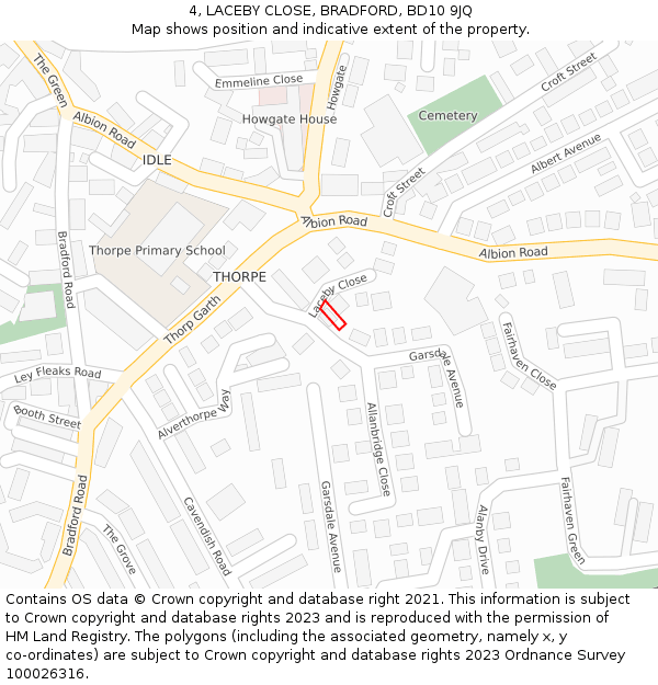 4, LACEBY CLOSE, BRADFORD, BD10 9JQ: Location map and indicative extent of plot