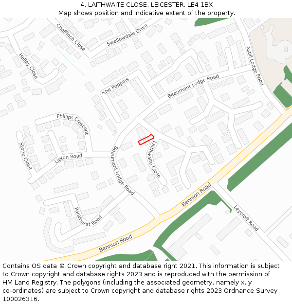 4, LAITHWAITE CLOSE, LEICESTER, LE4 1BX: Location map and indicative extent of plot