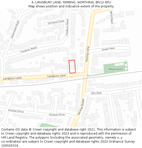 4, LANGBURY LANE, FERRING, WORTHING, BN12 6PU: Location map and indicative extent of plot